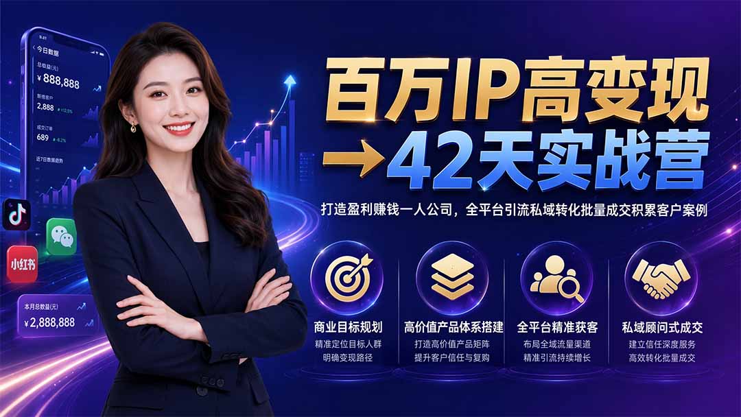 百万IP高变现→42天实战营｜打造盈利赚钱一人公司，全平台引流私域转化批量成交积累客户案例-91副业网