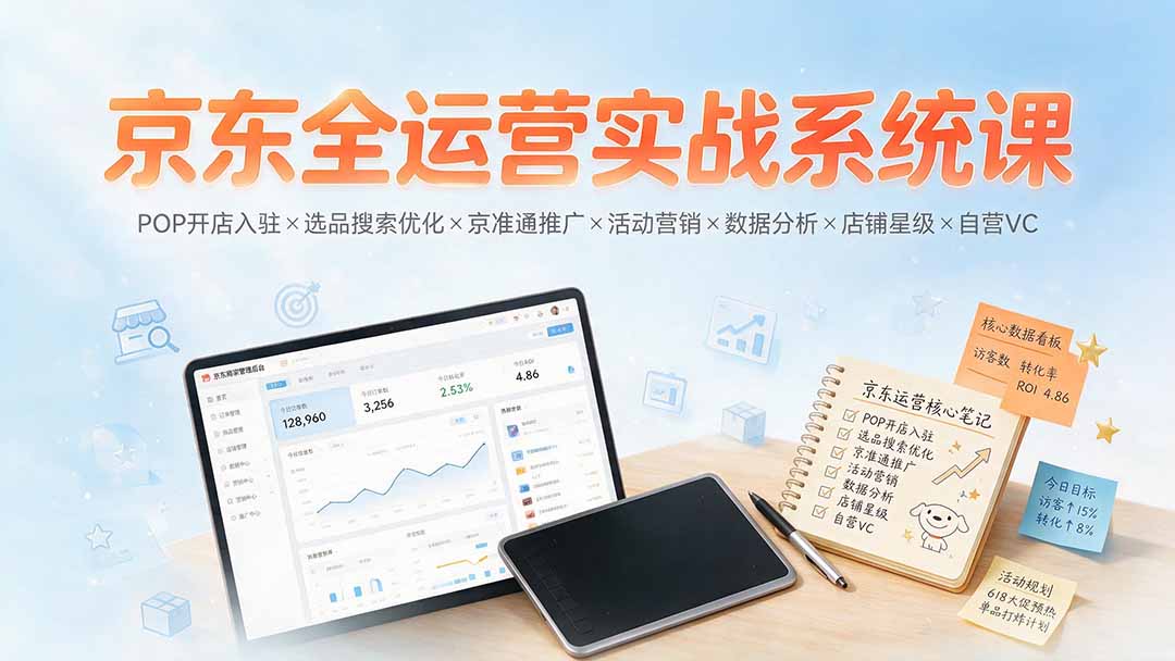 京东全运营实战系统课：POP开店入驻×选品搜索优化×京准通推广×活动营销×数据分析×店铺星级×自营VC-91副业网