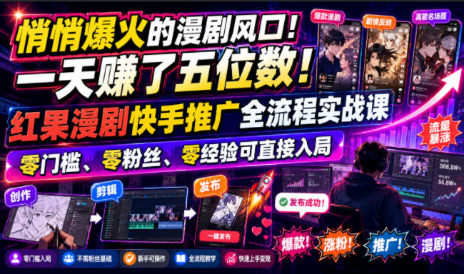 悄悄爆火的漫剧风口！一天賺了五位数！红果漫剧快手推广全流程实战课，零门槛、零粉丝、零经验可直接入局-91副业网
