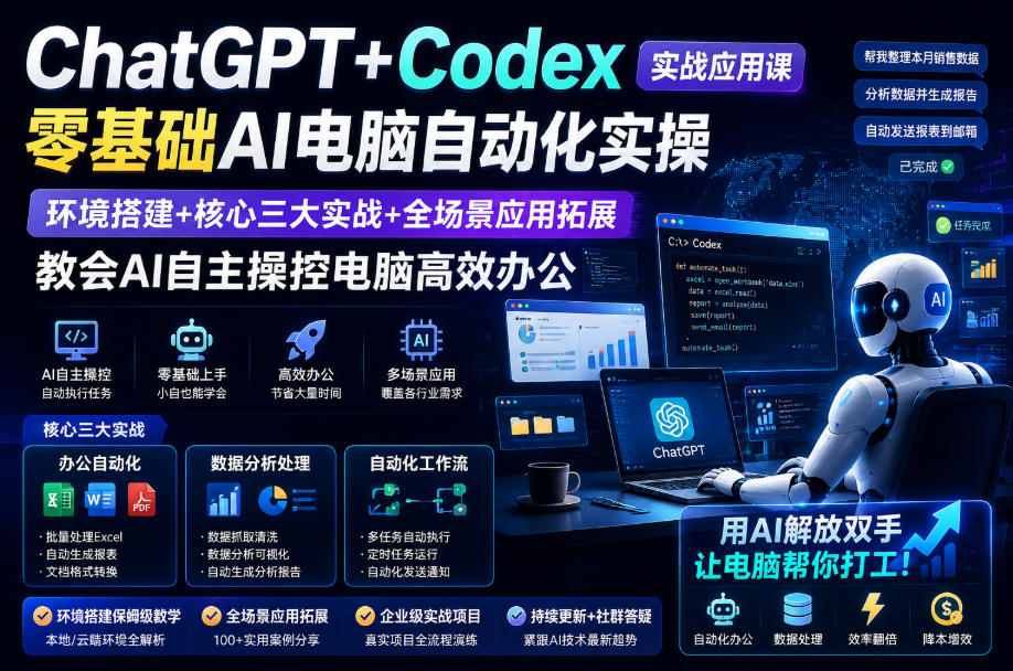 ChatGPT+Codex实战应用课｜零基础AI电脑自动化实操，环境搭建+核心三大实战+全场景应用拓展，教会AI自主操控电脑高效办公-91副业网