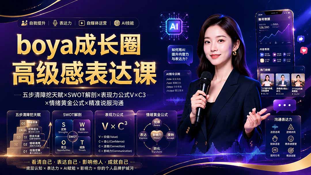 boya成长圈｜内心成长高级表达AI自媒体三合一，消解内耗挖掘天赋，镜头沟通AI指令短视频全流程教学-91副业网