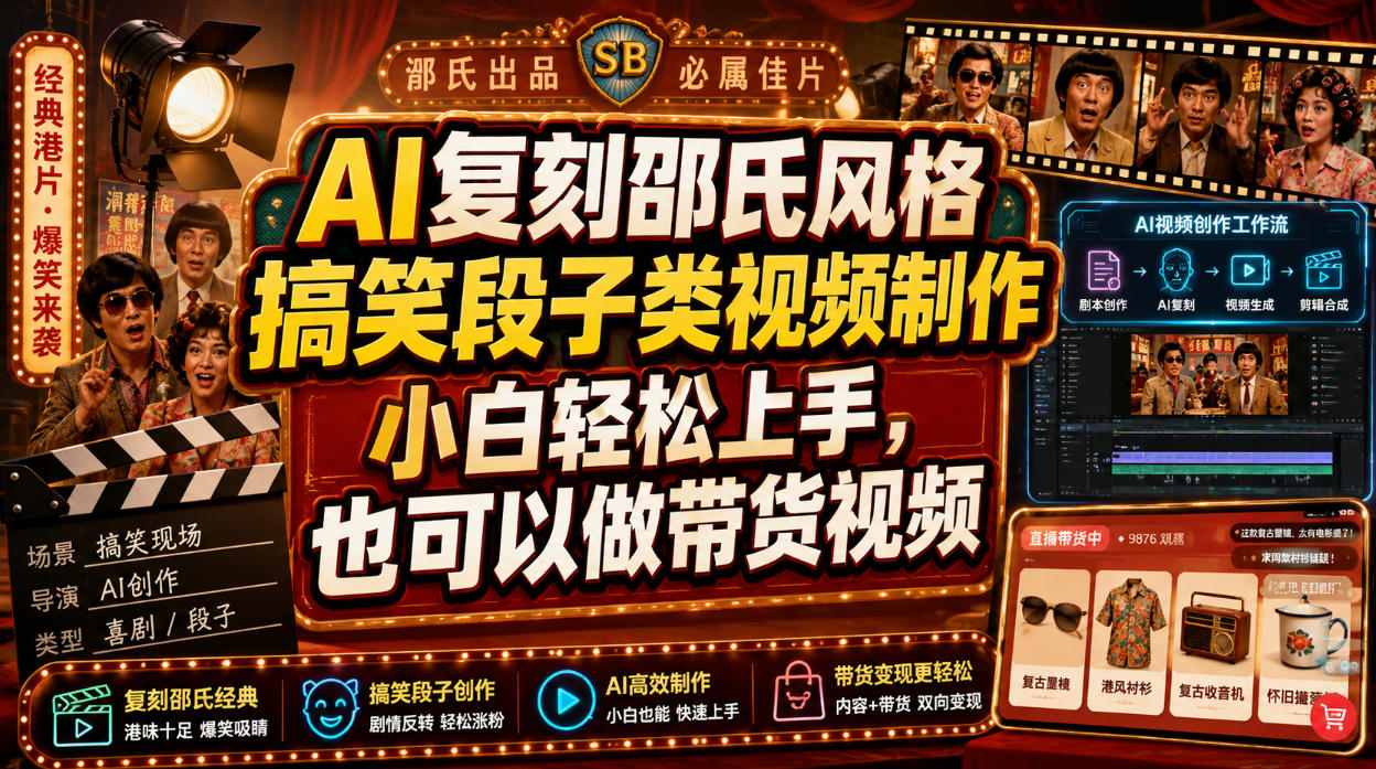 AI复刻邵氏风格搞笑段子类视频制作，小白轻松上手，也可以做带货视频-91副业网