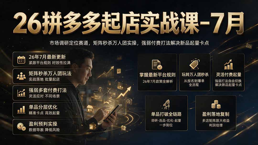 26拼多多起店实战课-7月｜市场调研定位赛道，矩阵秒杀万人团实操，强弱付费打法解决新品起量卡点-91副业网