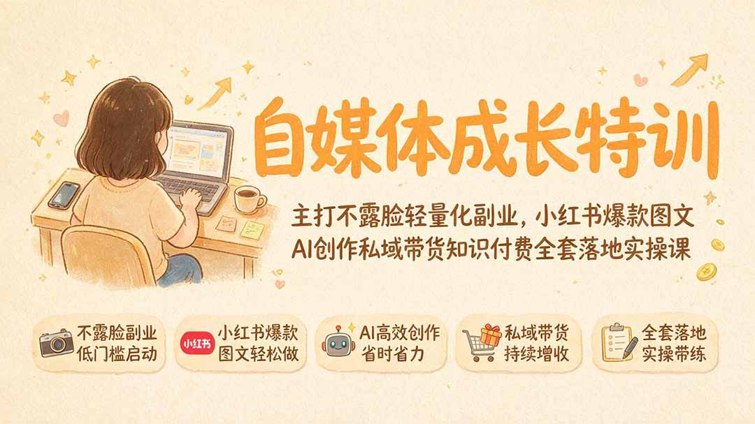 自媒体成长特训｜主打不露脸轻量化副业，小红书爆款图文AI创作私域带货知识付费全套落地实操课-91副业网