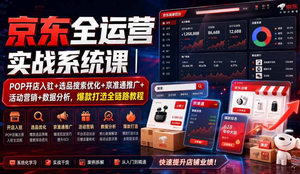 京东全运营实战系统课｜POP开店入驻+选品搜索优化+京准通推广+活动营销+数据分析，爆款打造全链路教程-91副业网