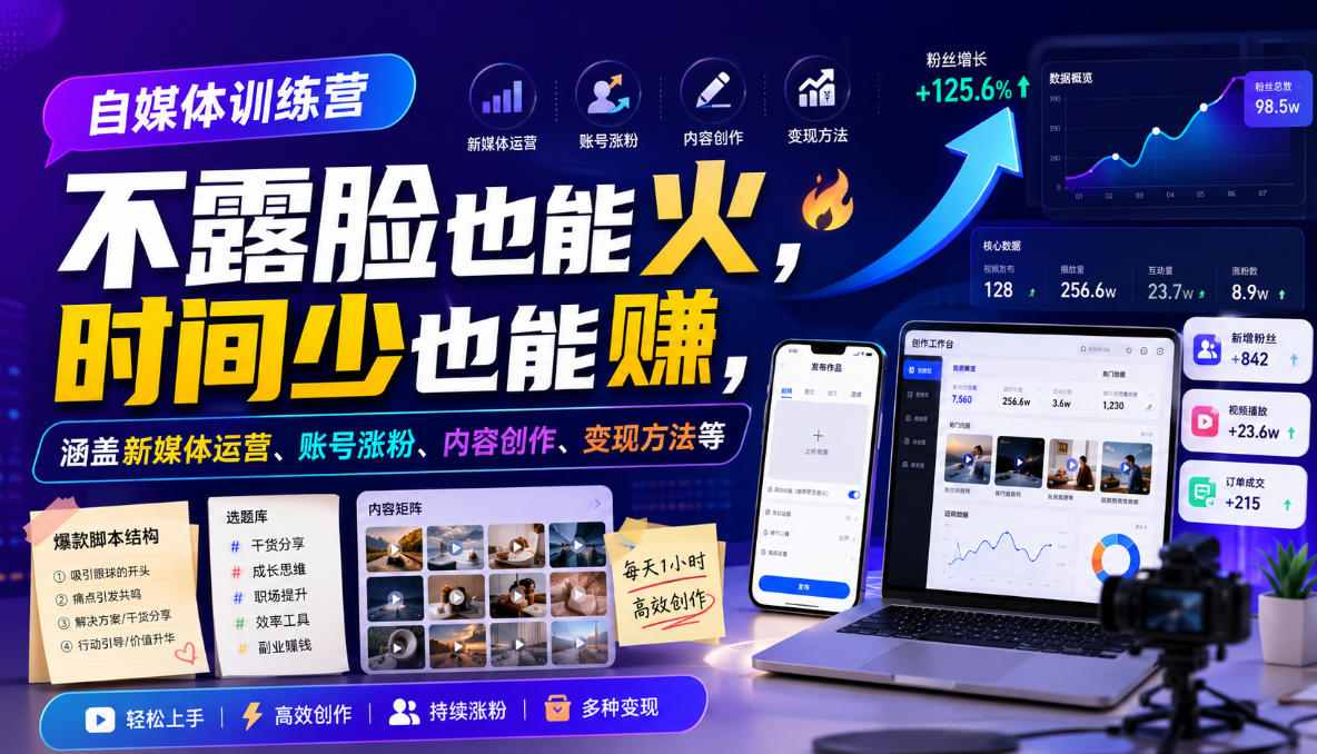 自媒体训练营，不露脸也能火，时间少也能賺，涵盖新媒体运营、账号涨粉、内容创作、变现方法等-91副业网