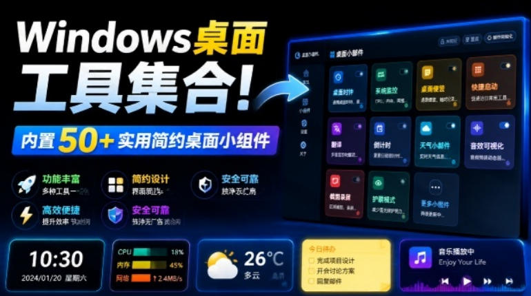 Windows桌面工具集合！内置50+实用简约桌面小组件，含截图、录屏、翻译、天气等，多秘工具箱-91副业网