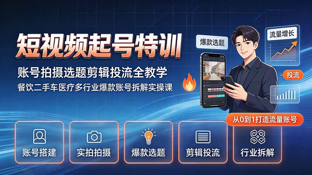 短视频起号特训｜账号拍摄选题剪辑投流全教学，餐饮二手车医疗多行业爆款账号拆解实操课-91副业网