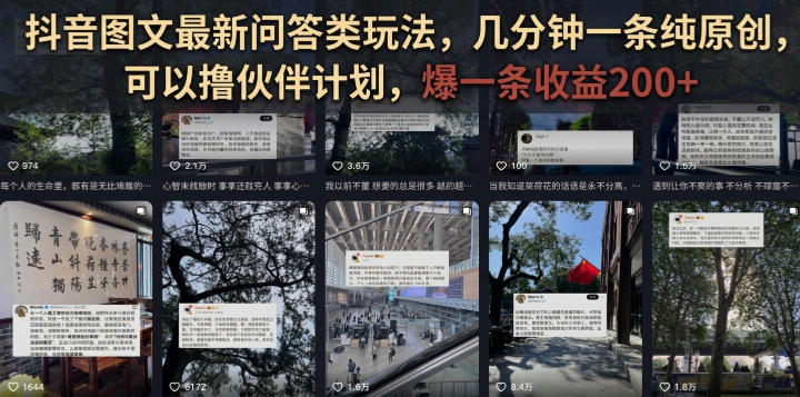 抖音图文最新问答类玩法，几分钟一条纯原创，可以撸伙伴计划，爆一条收益200+-91副业网