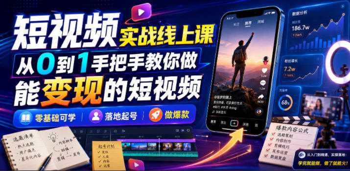 短视频实战线上课，从0到1手把手教你做能变现的短视频，零基础可学，落地起号做爆款-91副业网
