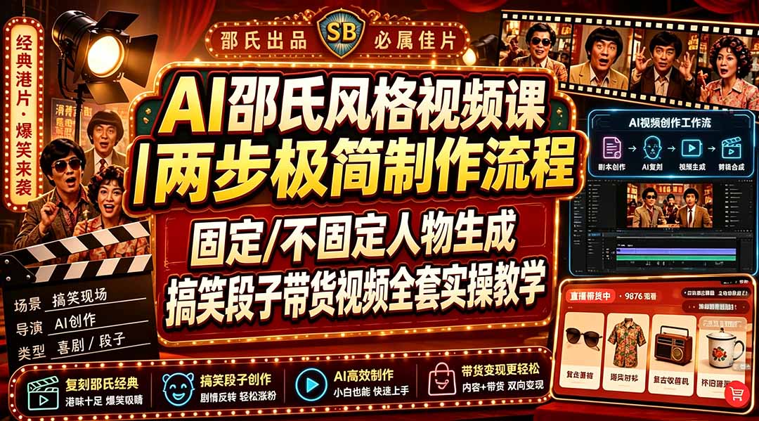 AI邵氏风格视频课｜两步极简制作流程，固定/不固定人物生成，搞笑段子带货视频全套实操教学-91副业网