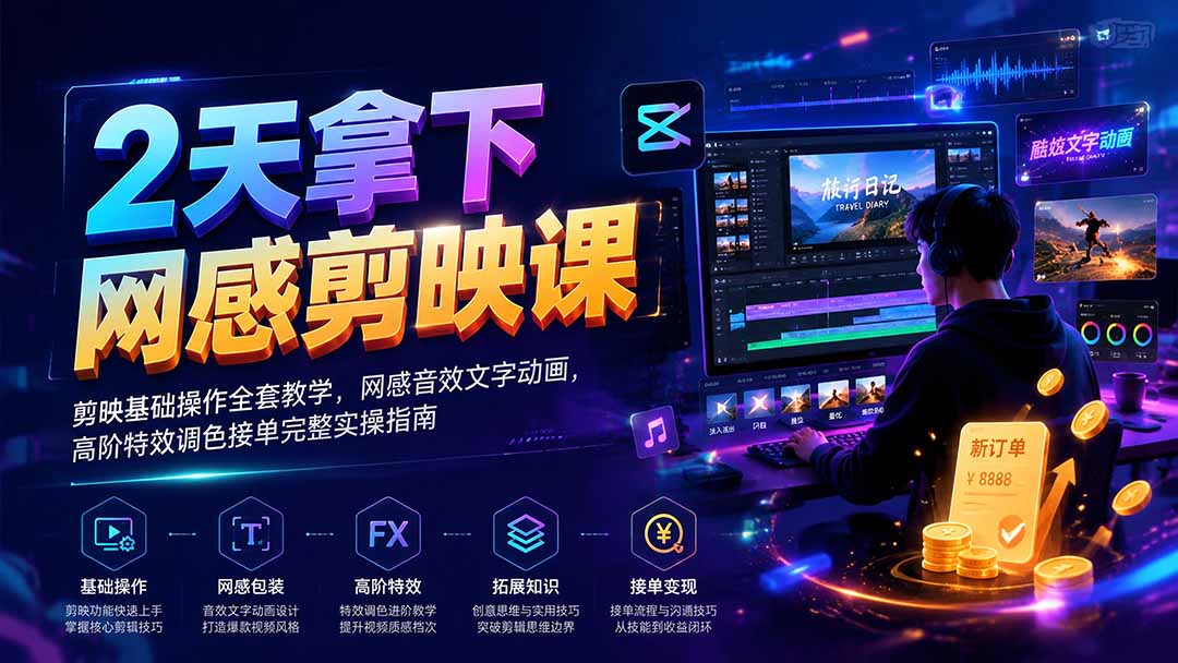 2天拿下网感剪辑课｜剪映基础操作全套教学，网感音效文字动画，高阶特效调色接单完整实操指南-91副业网