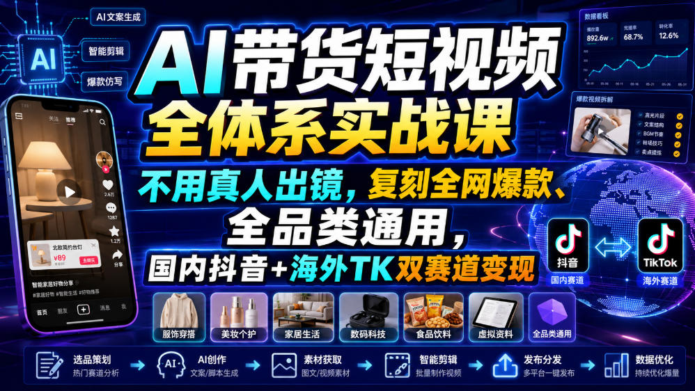 AI带货短视频全体系实战课，不用真人出镜，复刻全网爆款、全品类通用，国内抖音+海外TK双赛道变现-91副业网