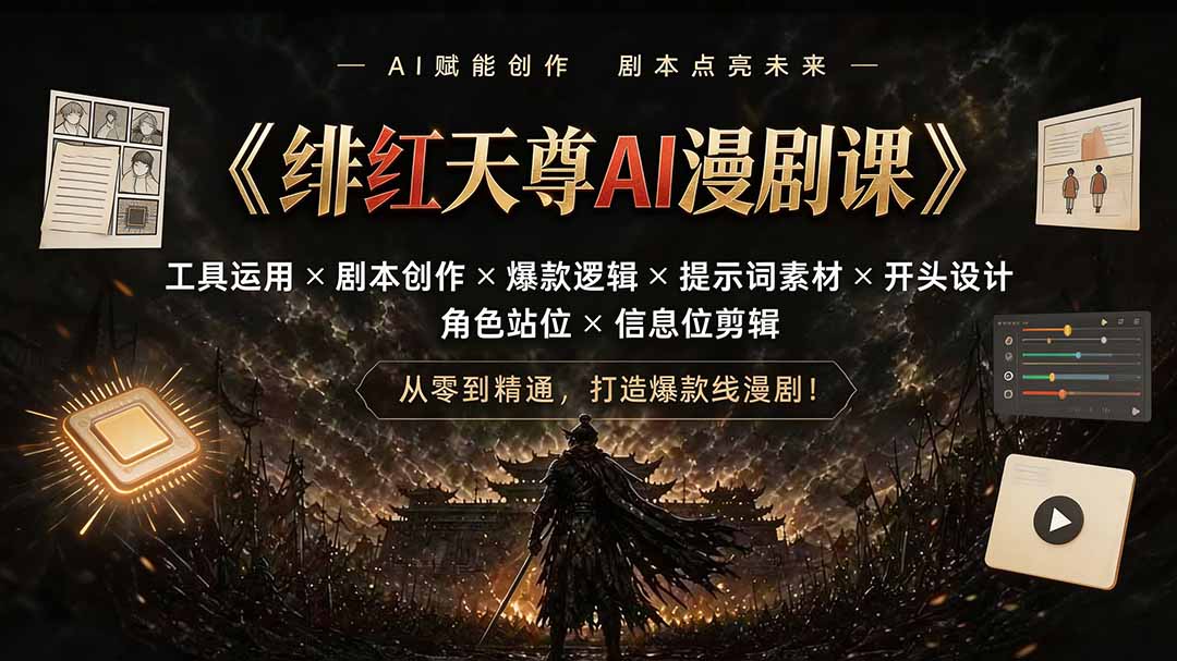 绯红天尊AI漫剧课｜工具运用×剧本创作×爆款逻辑×提示词素材×开头设计×角色站位×信息位剪辑-91副业网