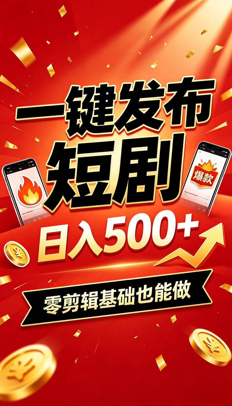 快手短剧一键发布，不用剪辑操作简单，副业日入500+。空闲时间轻松赚收益-91副业网