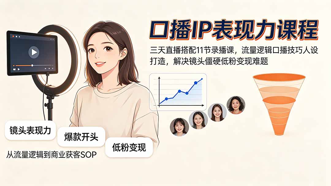 口播IP表现力课程｜三天直播搭配11节录播课，流量逻辑口播技巧人设打造，解决镜头僵硬低粉变现难题-91副业网