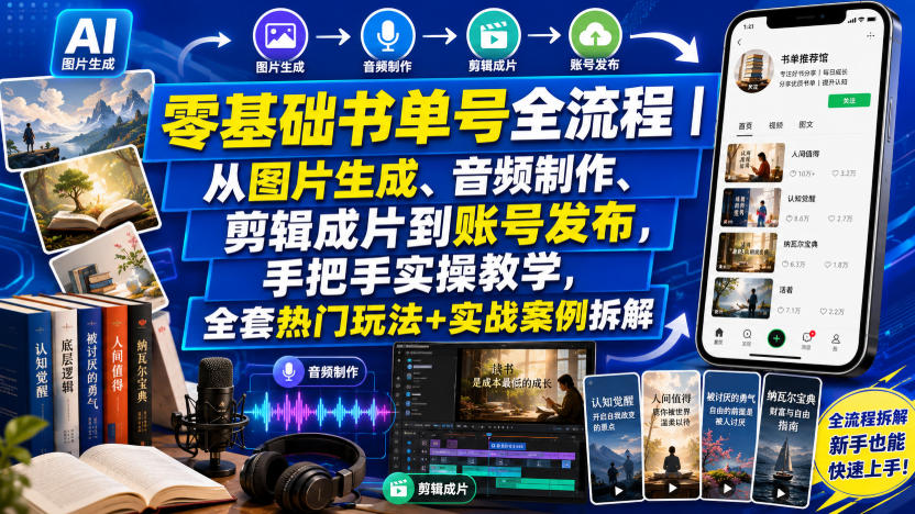 零基础书单号全流程｜从图片生成、音频制作、剪辑成片到账号发布，手把手实操教学，全套热门玩法+实战案例拆解-91副业网
