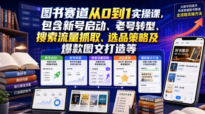 图书赛道从0到1实操课，包含新号启动、老号转型、搜索流量抓取、选品策略及爆款图文打造等-91副业网
