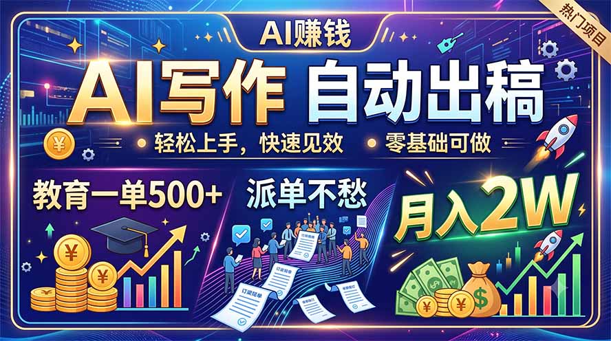 AI写作自动出稿,教育一单500+,派单不愁,月入2W-91副业网