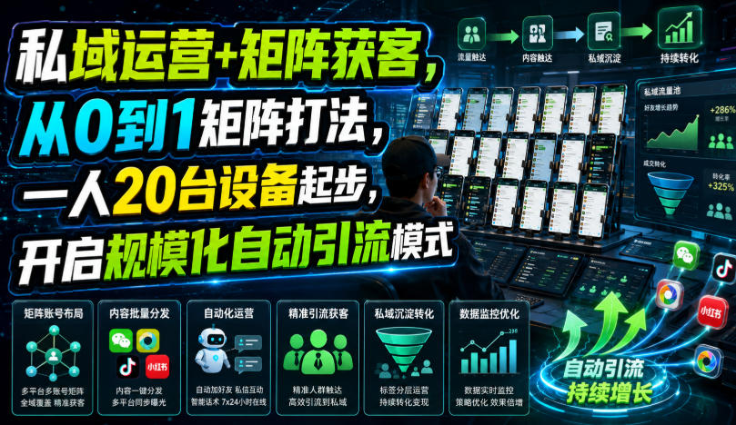 私域运营+矩阵获客，从0到1矩阵打法，一人20台设备起步，开启规模化自动引流模式！-91副业网