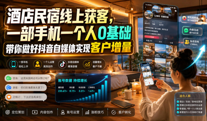 酒店民宿线上获客，一部手机一个人0基础带你做好抖音自媒体实现客户增量-91副业网