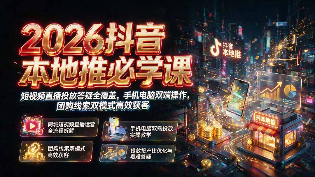 2026抖音本地推必学课|短视频直播投放答疑全覆盖,手机电脑双端操作,团购线索双模式高效获客-91副业网