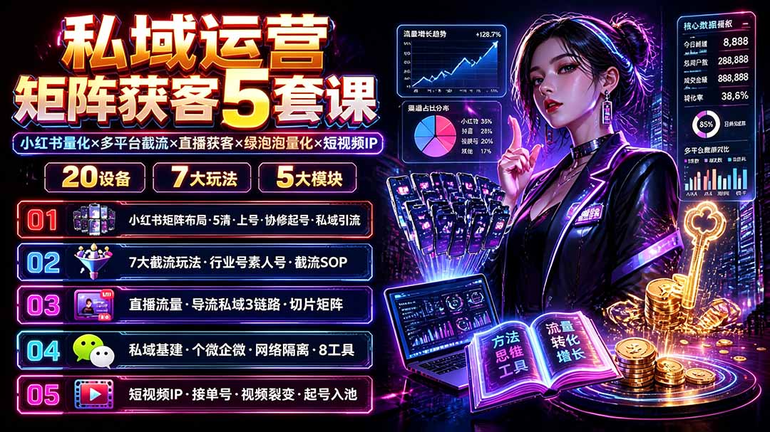 私域运营矩阵获客5套课:小红书量化×多平台截流×直播获客×绿泡泡量化×短视频IP×20设备×7大玩法-91副业网