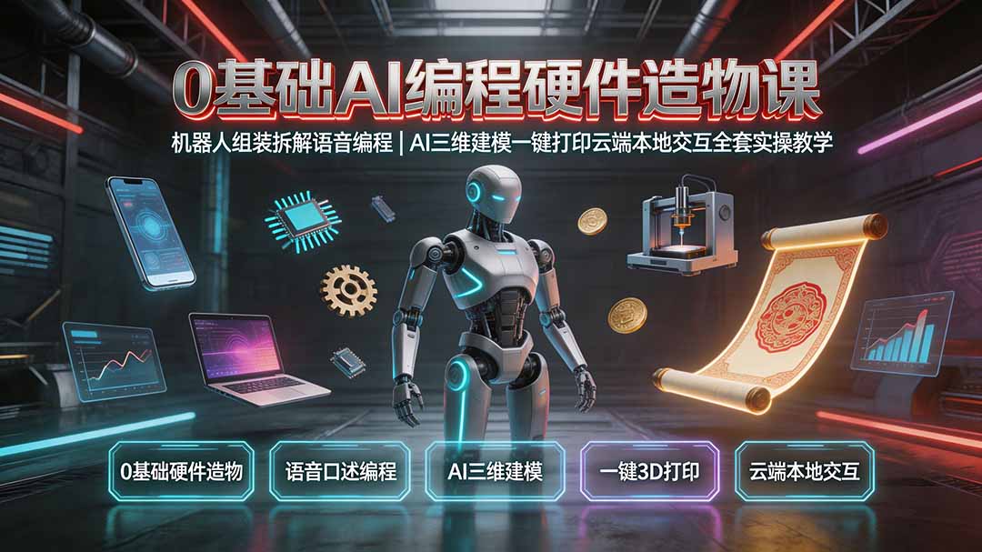 0基础AI编程硬件造物课｜机器人组装拆解语音编程，AI三维建模一键打印云端本地交互全套实操教学-91副业网