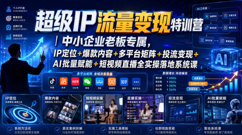 超级IP流量变现特训营｜中小企业老板专属，IP定位+爆款内容+多平台矩阵+投流变现+AI批量赋能+短视频直播全实操落地系统课-91副业网