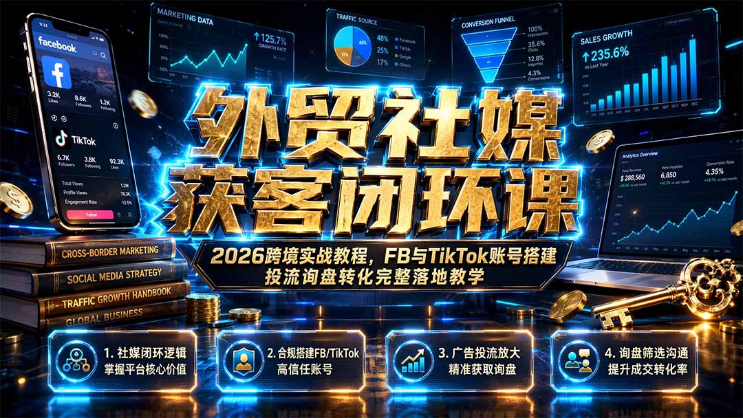 外贸社媒获客闭环课｜2026跨境实战教程，FB与TikTok账号搭建投流询盘转化完整落地教学-91副业网
