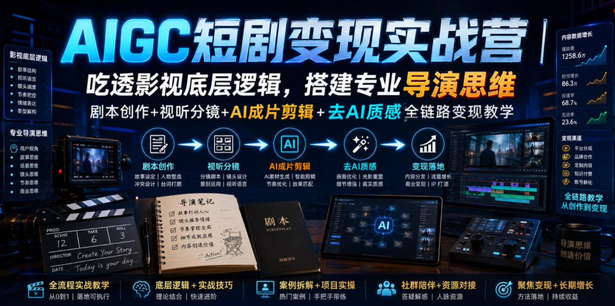 AIGC短剧变现实战营|吃透影视底层逻辑,搭建专业导演思维,剧本创作+视听分镜+AI成片剪辑+去AI质感全链路变现教学-91副业网
