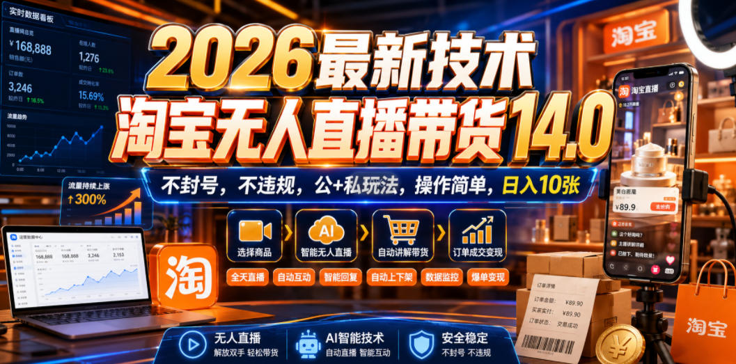 2026最新技术，淘宝无人直播带货14.0，不封号，不违规，公+私玩法，操作简单，日入10张【揭秘】-91副业网
