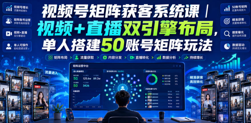 视频号矩阵获客系统课｜视频+直播双引擎布局，单人搭建50账号矩阵玩法，流量入池、搜索占位、全域引流沉淀私域全流程教学-91副业网
