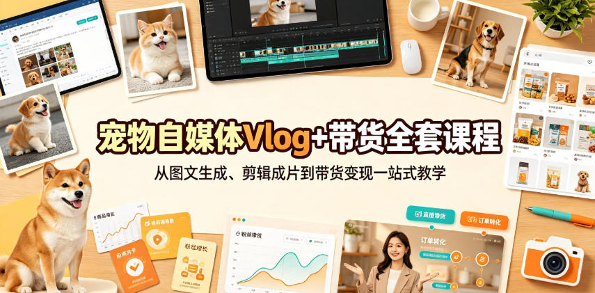 宠物自媒体Vlog+带货全套课程｜从图文生成、剪辑成片到带货变现一站式教学-91副业网