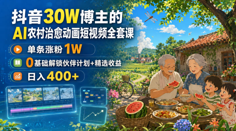 抖音30W博主的AI农村治愈动画短视频全套课|单条涨粉1W,0基础解锁伙伴计划+精选收益,日入400+-91副业网