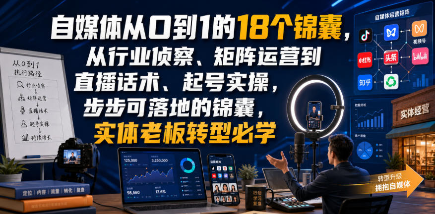 自媒体从0到1的18个锦囊，从行业侦察、矩阵运营到直播话术、起号实操，步步可落地的锦囊，实体老板转型必学-91副业网