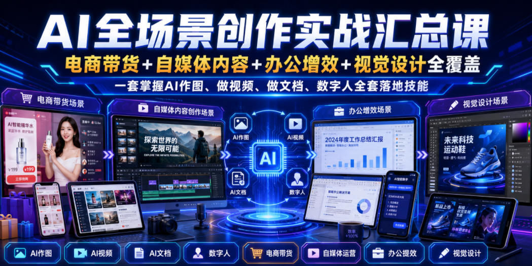 AI全场景创作实战汇总课｜电商带货+自媒体内容+办公增效+视觉设计全覆盖，一套掌握AI作图、做视频、做文档、数字人全套落地技能-91副业网