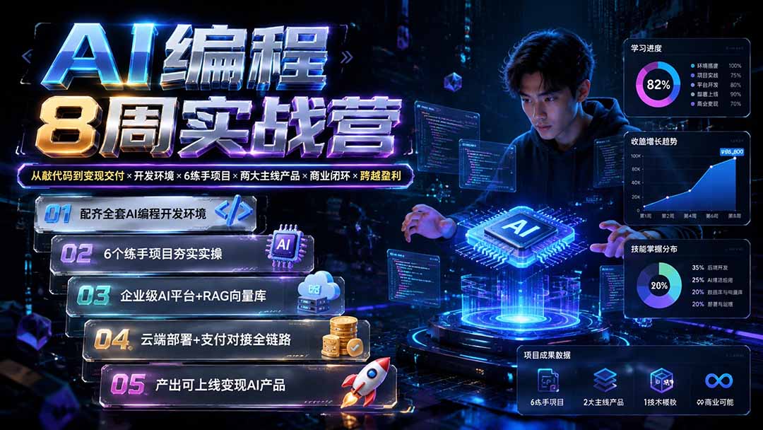 AI编程8周实战营：从敲代码到变现交付×开发环境×6练手项目×两大主线产品×商业闭环×跨越盈利-91副业网