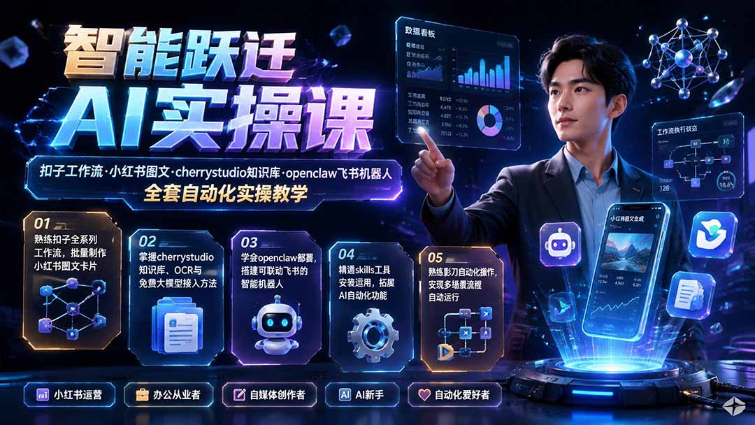 智能跃迁 AI实操课|扣子工作流小红书图文搭建,cherrystudio知识库openclaw飞书机器人全套自动化实操教学-91副业网