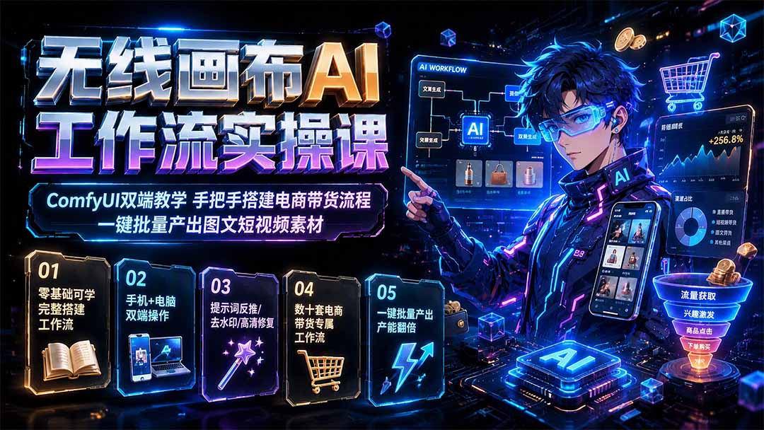 无线画布AI工作流实操课｜ComfyUI双端教学，手把手搭建电商带货流程，一键批量产出图文短视频素材-91副业网