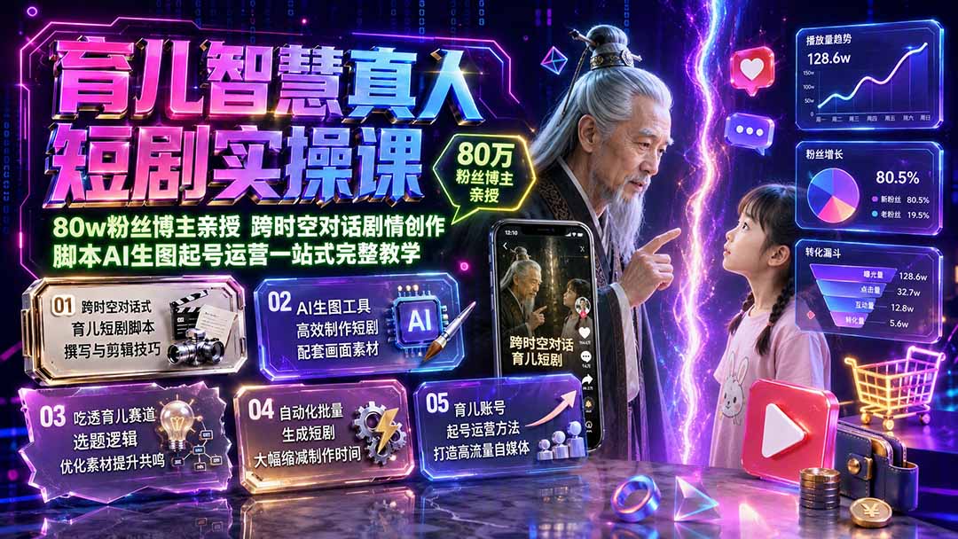 育儿智慧真人短剧实操课｜80w粉丝博主亲授，跨时空对话剧情创作，脚本AI生图起号运营一站式完整教学-91副业网