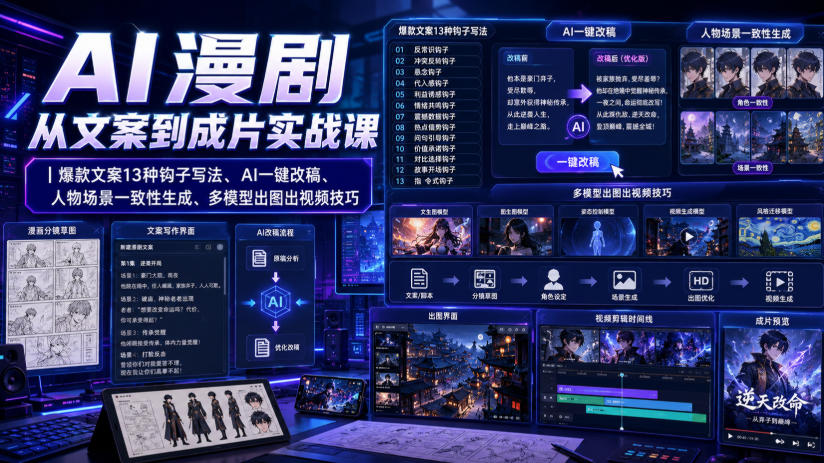 AI漫剧从文案到成片实战课｜爆款文案13种钩子写法、AI一键改稿、人物场景一致性生成、多模型出图出视频技巧-91副业网
