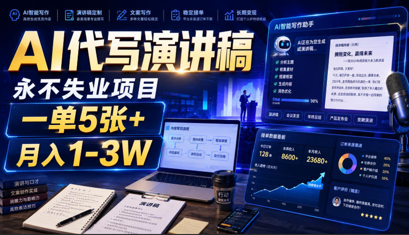 AI代写演讲稿，永不失业项目，一单5张+，月入1-3W【揭秘】-91副业网