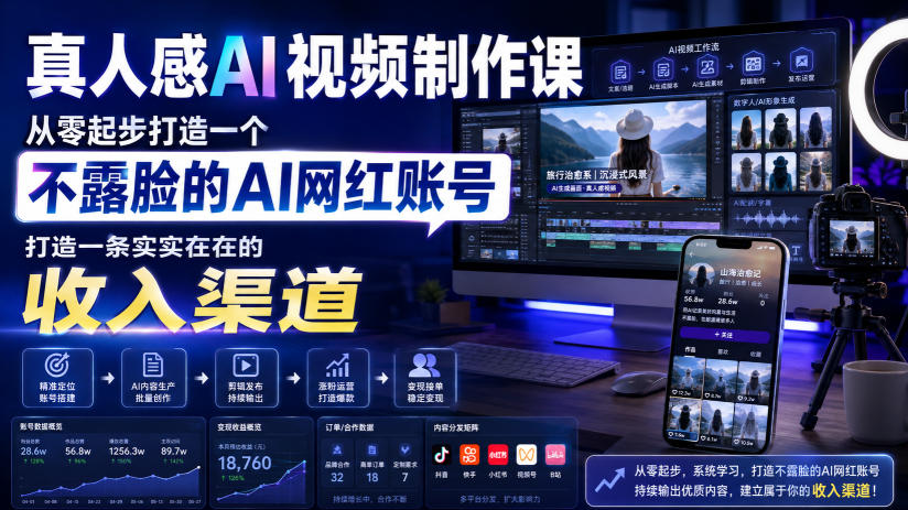 真人感AI视频制作课,从零起步打造一个不露脸的AI网红账号,打造一条实实在在的收入渠道【原创双语字幕】-91副业网
