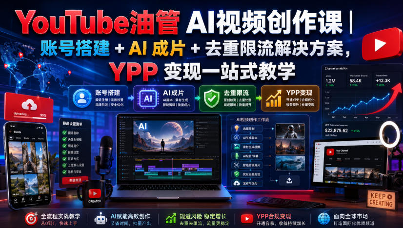 YouTube油管AI视频创作课｜账号搭建+AI成片+去重限流解决方案，YPP变现一站式教学-91副业网