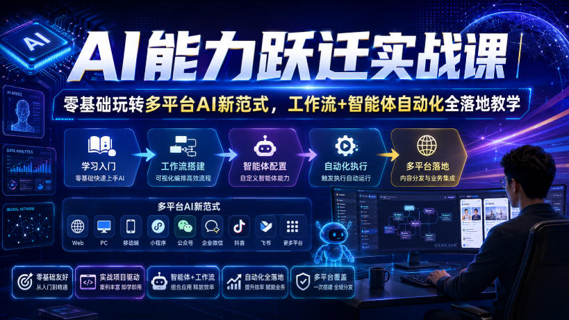 AI能力跃迁实战课|零基础玩转多平台AI新范式,工作流+智能体自动化全落地教学-91副业网