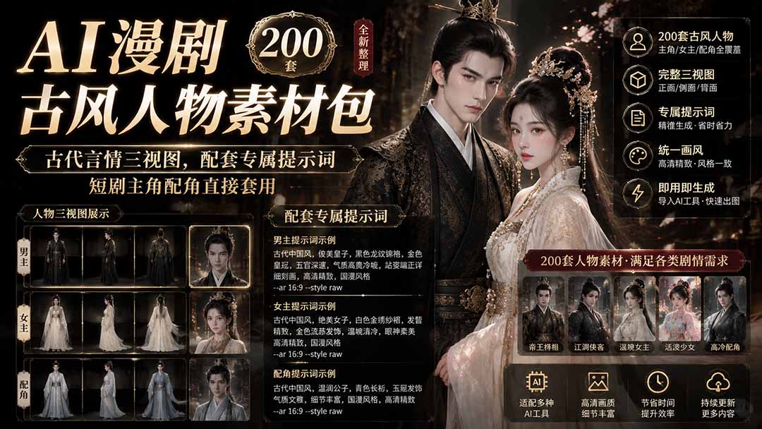 AI漫剧古风人物素材包+提示词|200 套古代言情三视图,配套专属提示词短剧主角配角直接套用-91副业网