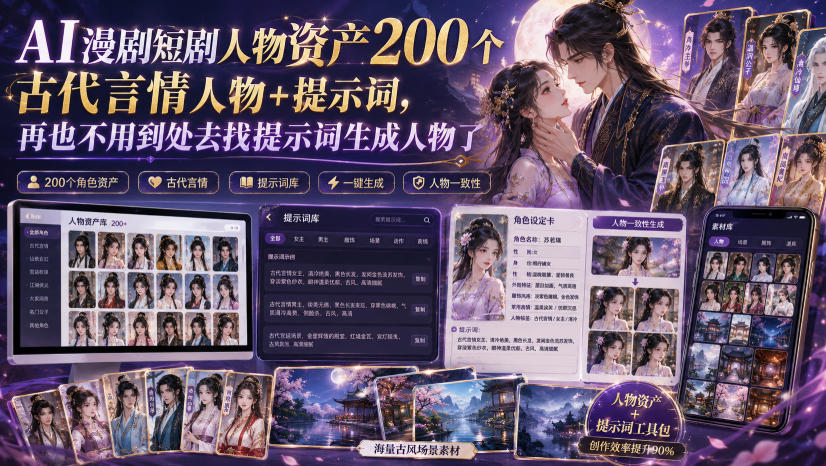 AI漫剧短剧人物资产200个古代言情人物+提示词，再也不用到处去找提示词生成人物了-91副业网