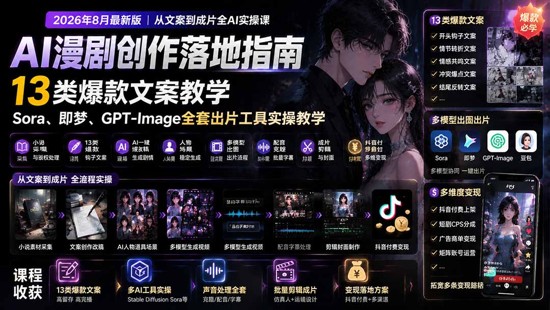 AI漫剧创作落地指南｜13类爆款文案教学，Sora、即梦、GPT-Image全套出片工具实操教学-91副业网