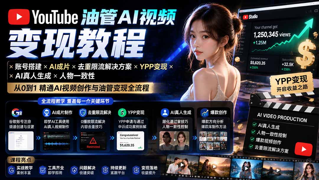 YouTube油管AI视频变现教程:账号搭建×AI成片×去重限流解决方案×YPP变现×AI真人生成×人物一致性-91副业网